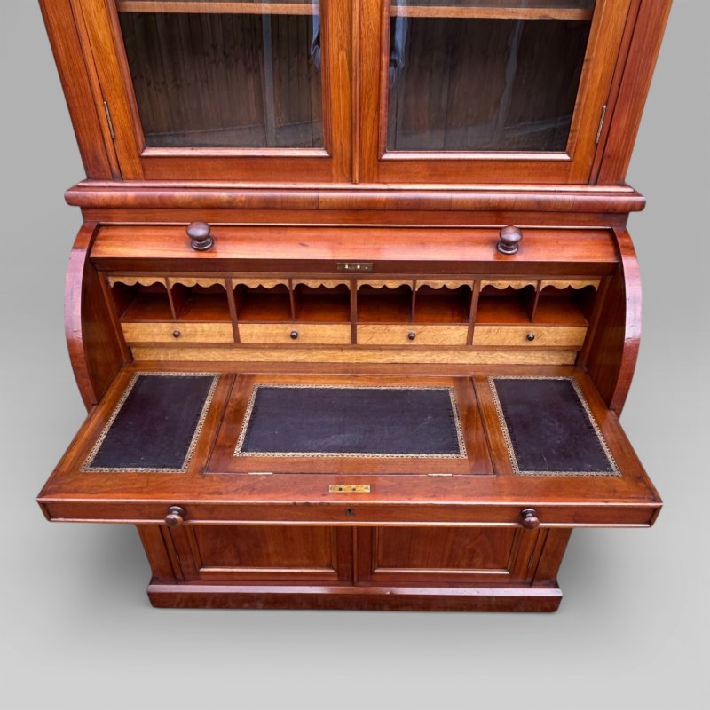 Antique Victorian Walnut Cylinder Bureau Bookcase With Writing Desk & Cupboard - Image 8